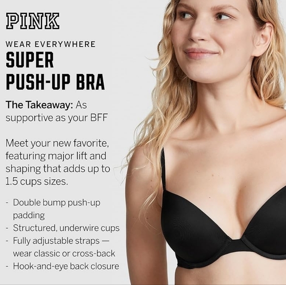 (2) VS PINK Super Push Up Bras Sz 38DD Praline & Black LIKE NEW Lot Bundle 38E - Picture 2 of 7